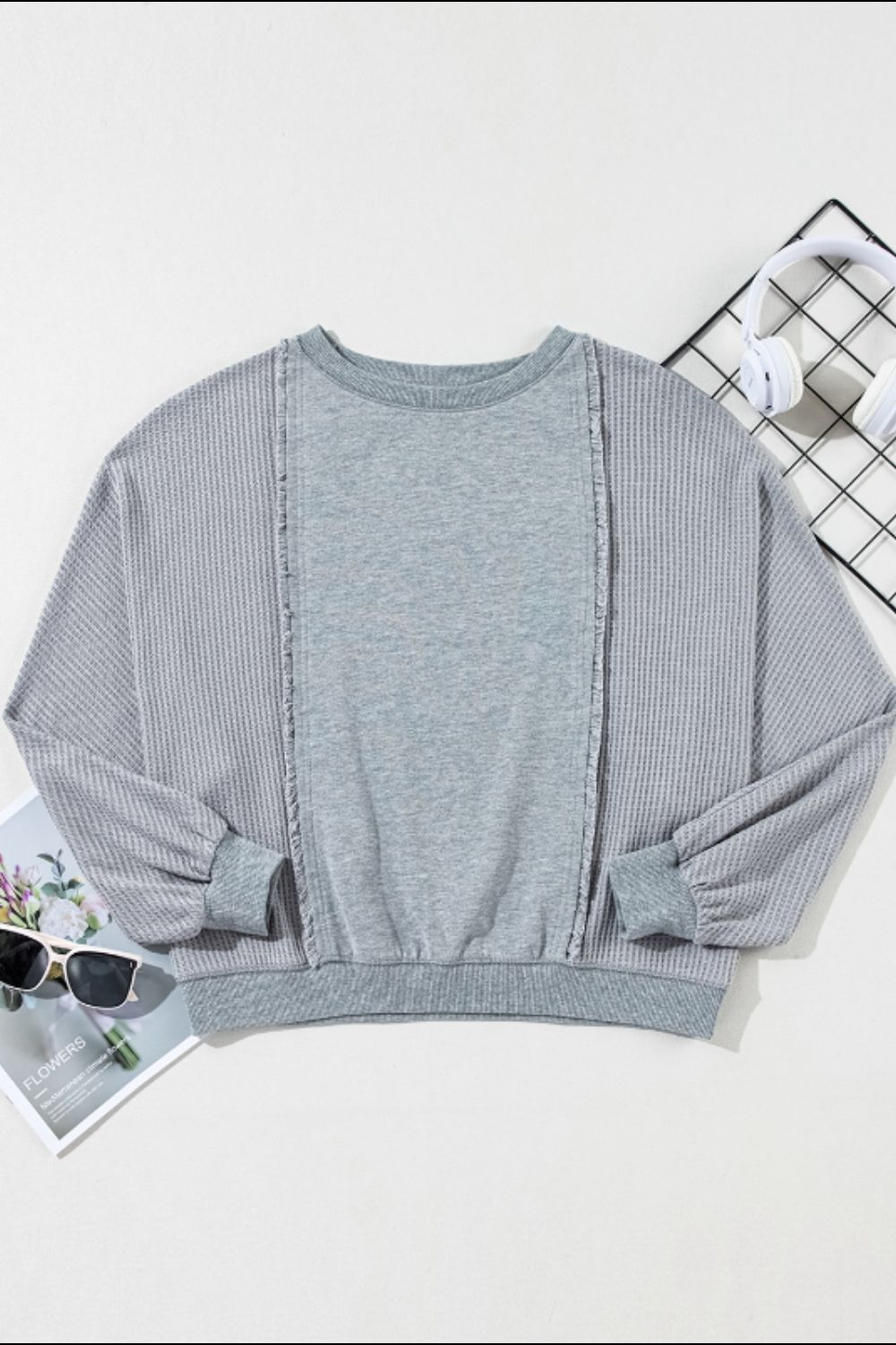 Raw Hem Round Neck Long Sleeve Sweatshirt