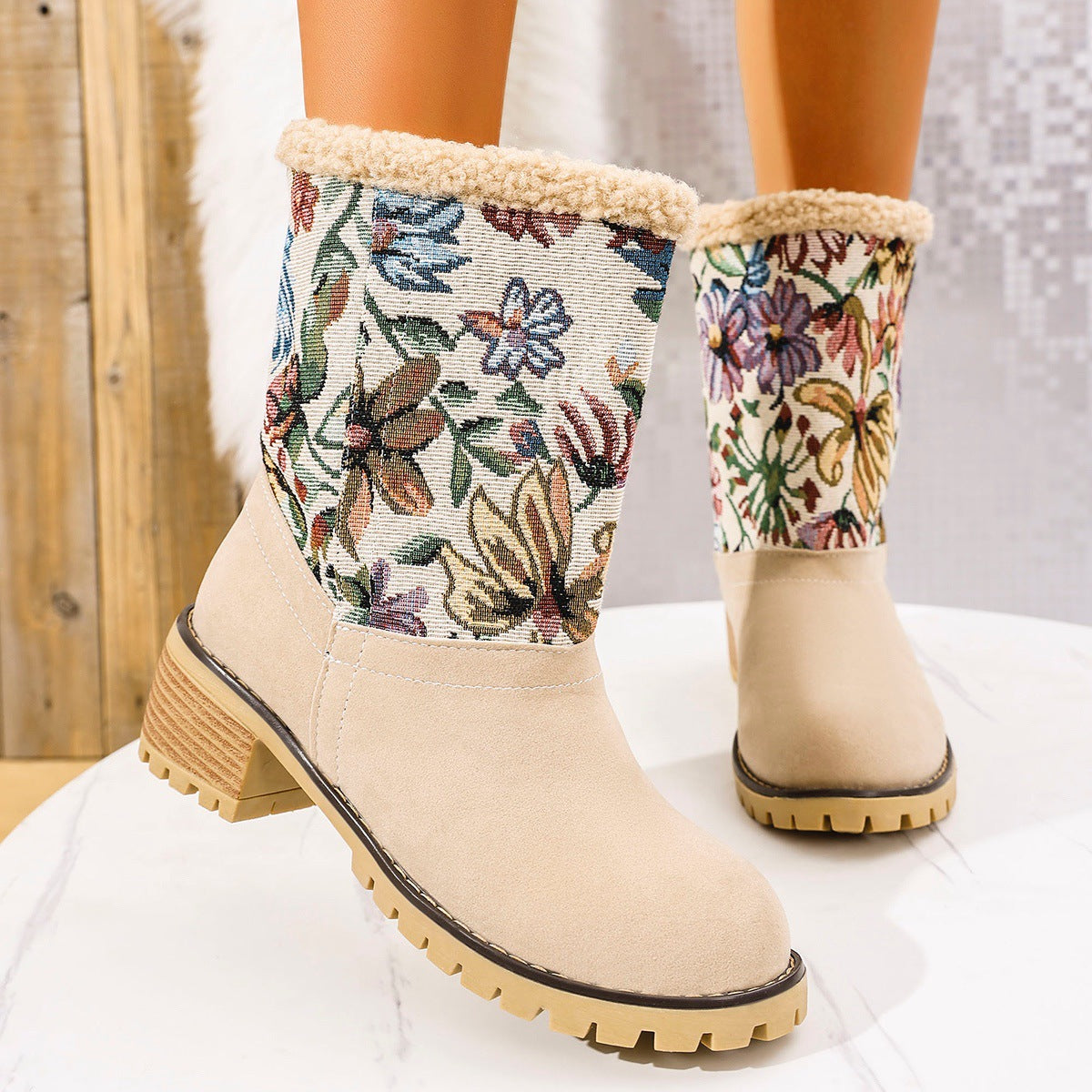 Embroidered Faux Fur Block Heel Boots