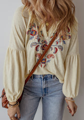 Embroidered Notched Long Sleeve Blouse