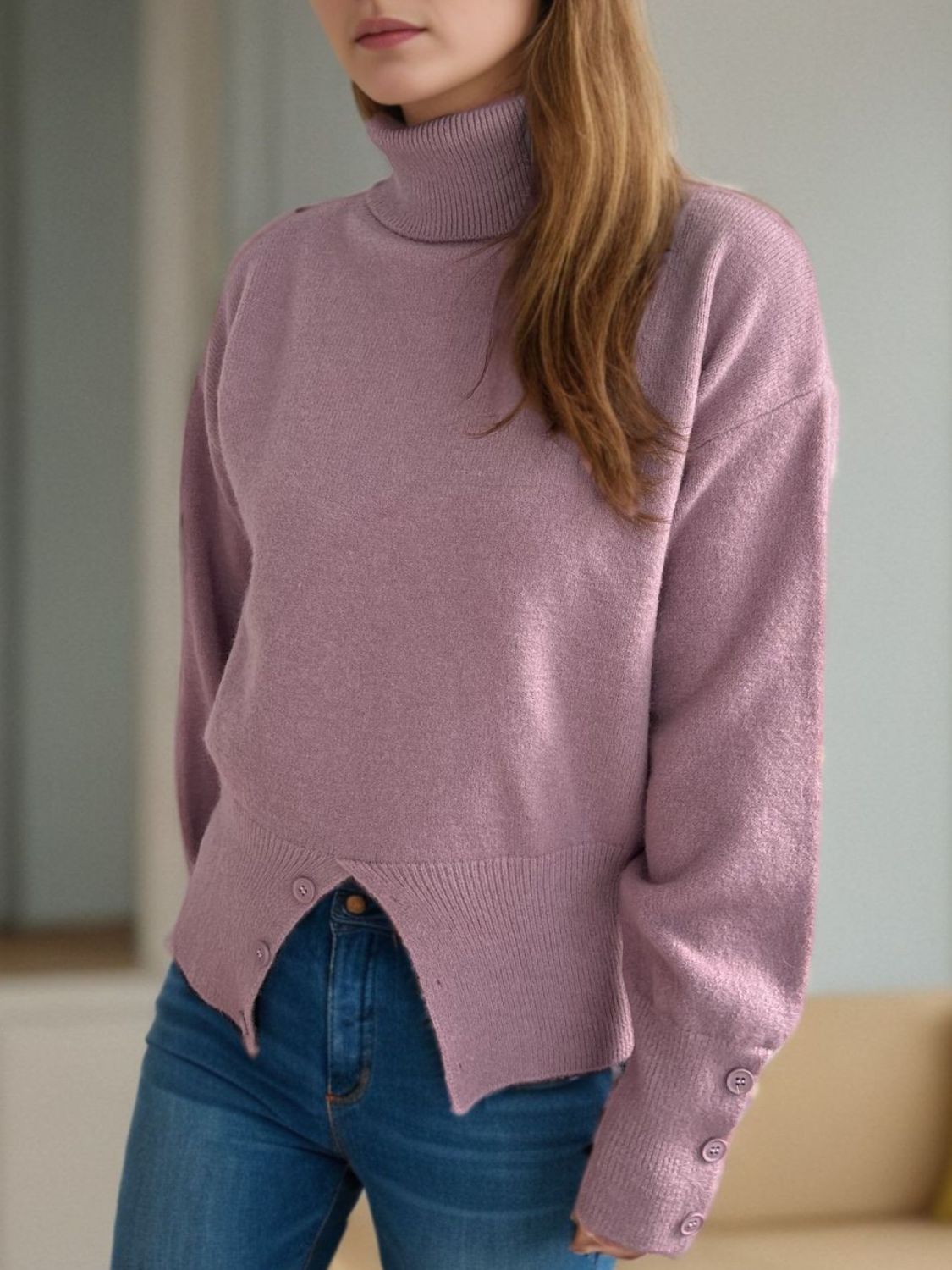 Front Slit Decorative Button Turtleneck Sweater