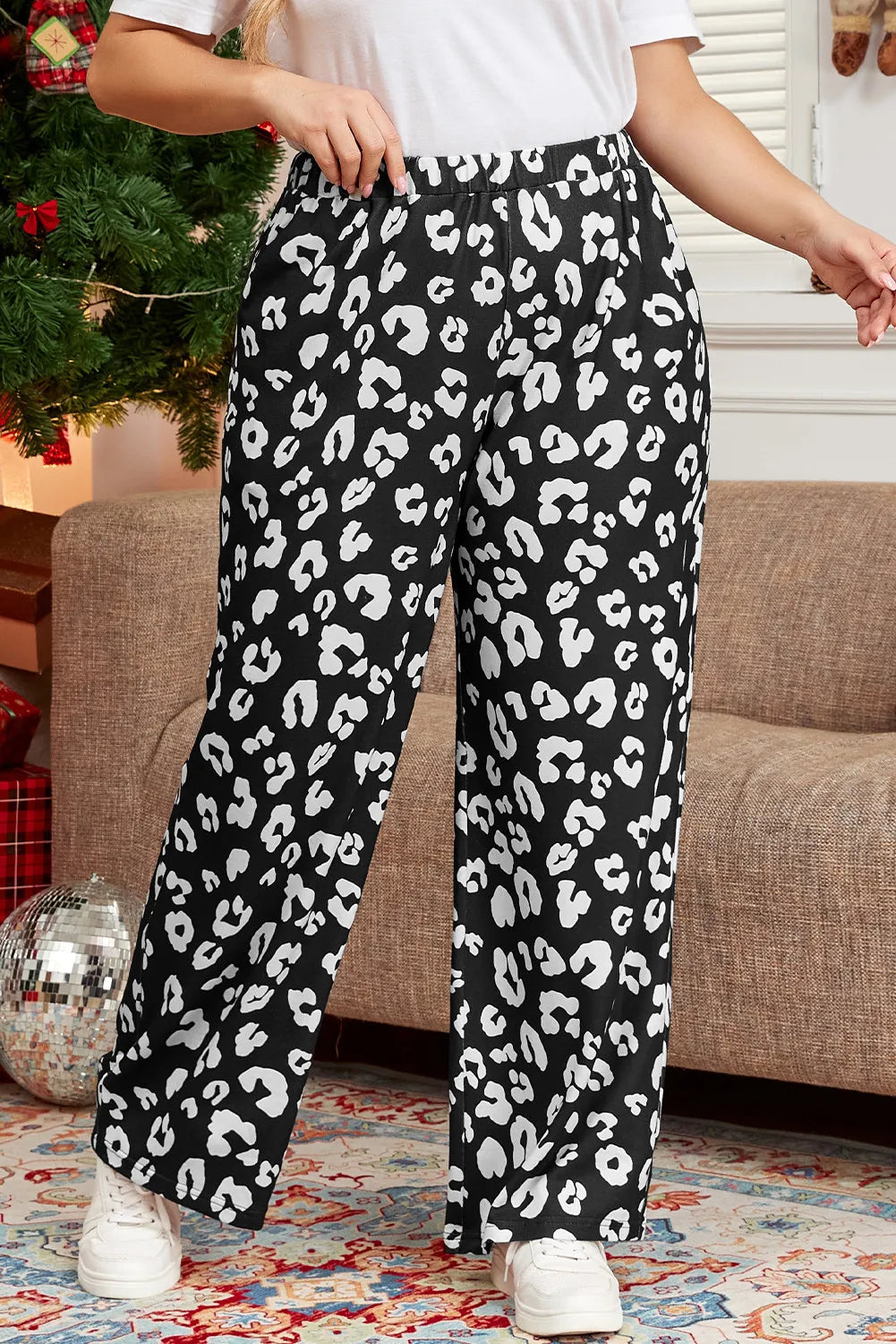 Plus Size Leopard Elastic Waist Pants