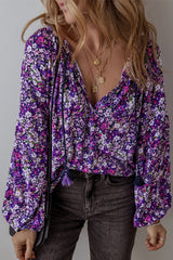 Floral Tie Neck Balloon Sleeve Blouse