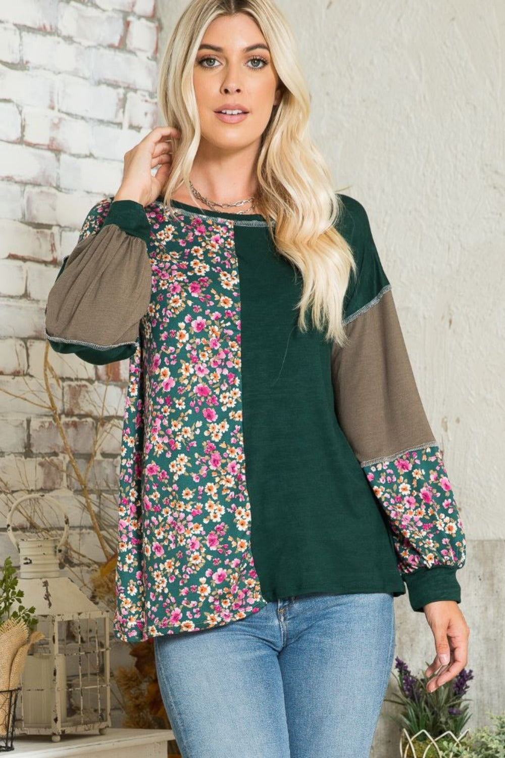 Celeste Full Size Floral Color Block Exposed Seam T-Shirt