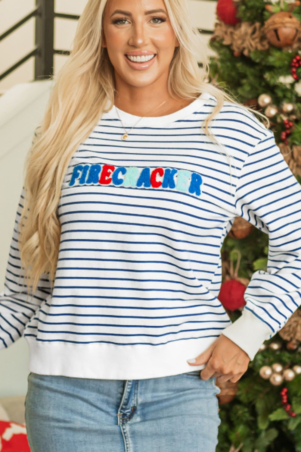 FIRECRACKER Striped Round Neck Long Sleeve Sweatshirt