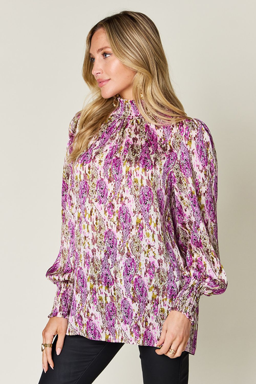 Double Take Full Size Printed Smocked Long Sleeve Blouse