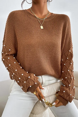 Pearl Detail Round Neck Long Sleeve Sweater