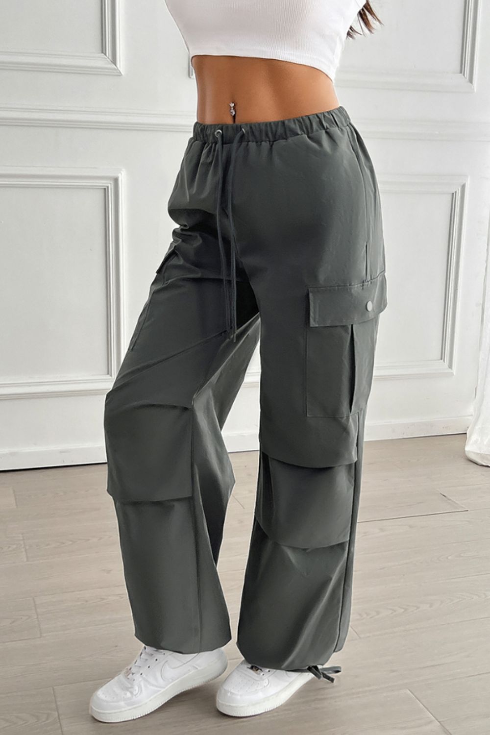 Devine Drawstring Wide Leg Pants with Cargo Pockets