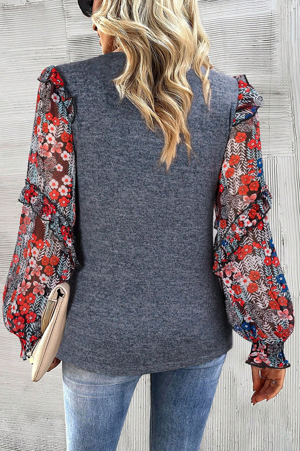 Heathered Floral Frill Lantern Sleeve Blouse