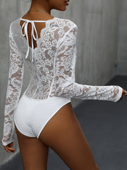 Perfee V-Neck Long Sleeve Lace Bodysuit