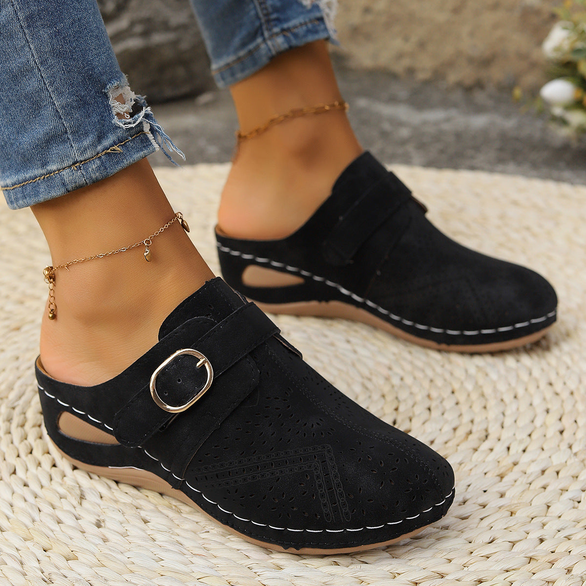 Suede Round Toe Wedge Sandals