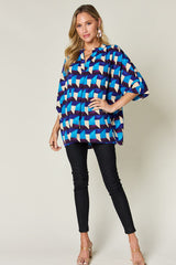 Double Take Full Size Geometric Notched Half Sleeve Blouse