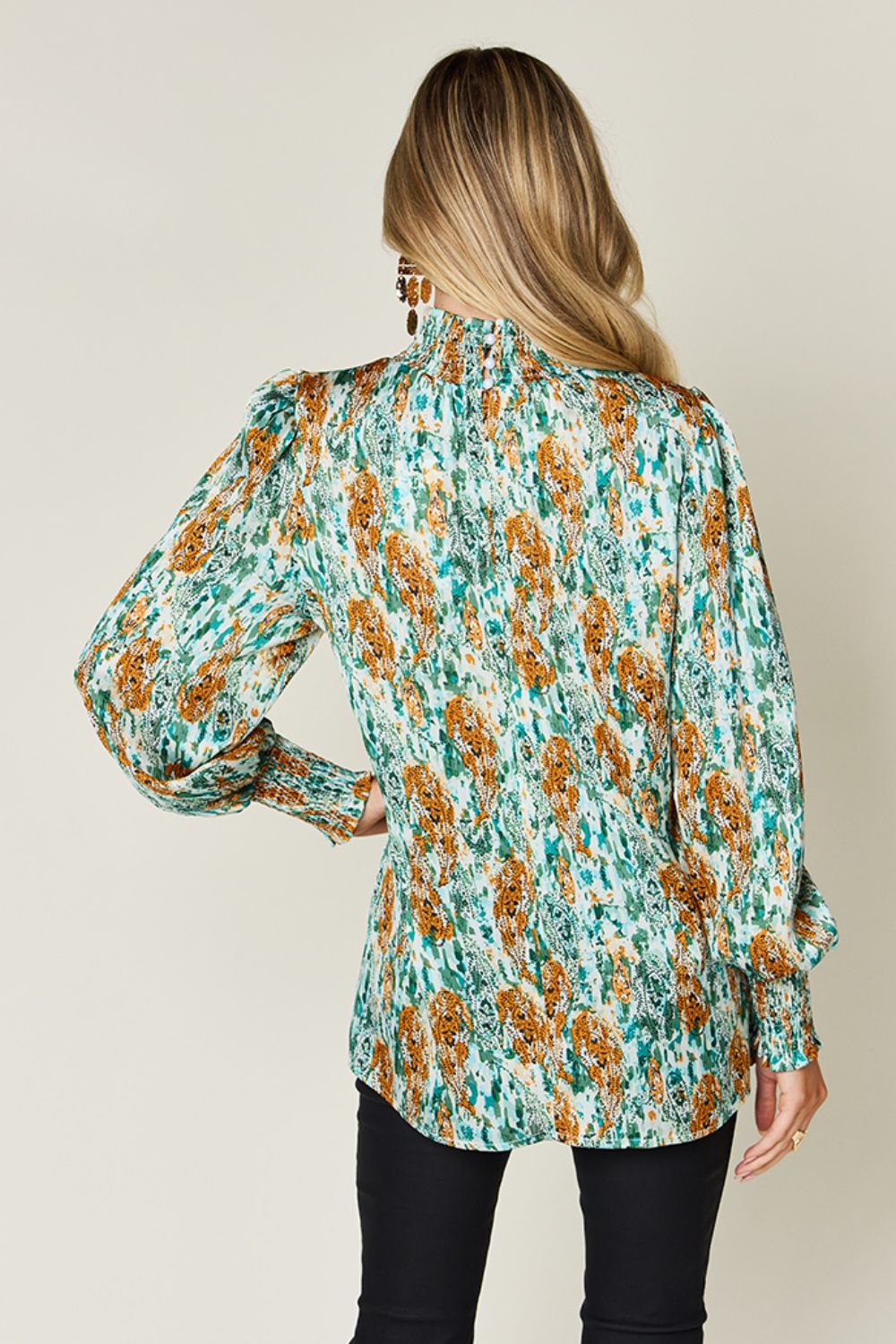 Double Take Full Size Printed Smocked Long Sleeve Blouse