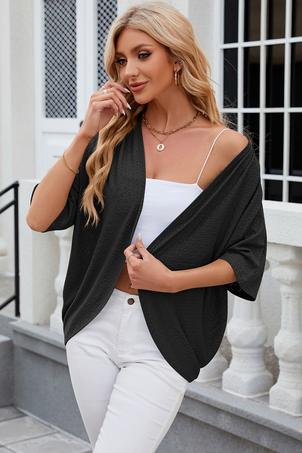 Eyelet Open Front Half Sleeve Cardigan