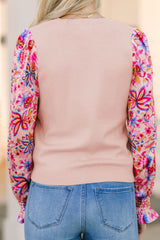 Printed Round Neck Flounce Sleeve Sweater