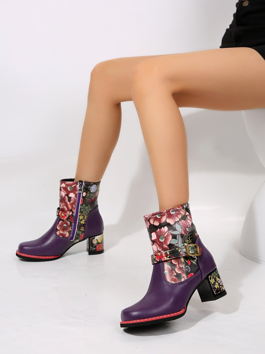 PU Leather Flower Block Heel Boots