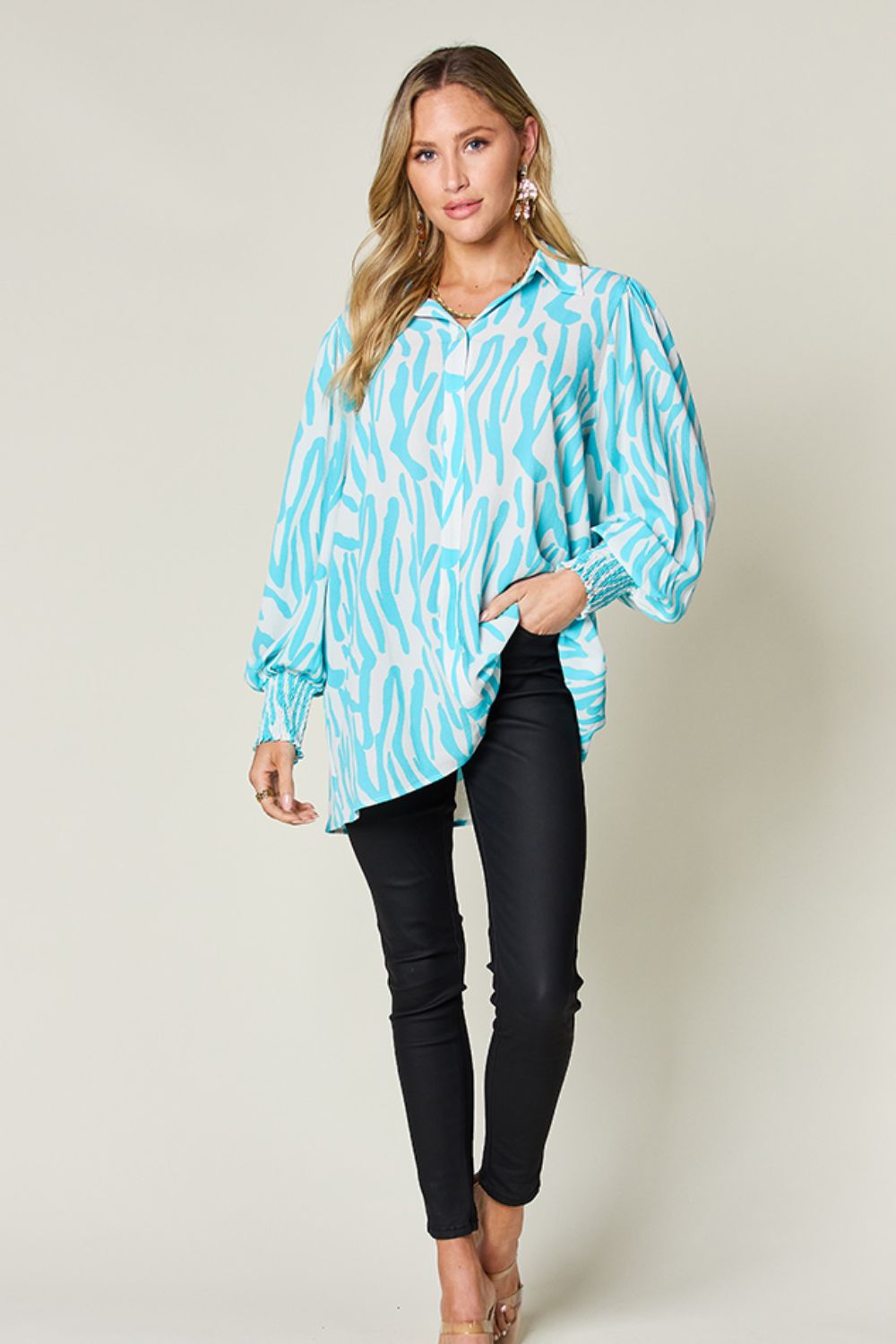 Double Take Full Size Printed Smocked Long Sleeve Blouse