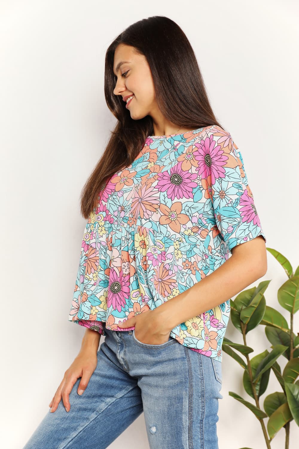 Double Take Floral Round Neck Babydoll Top