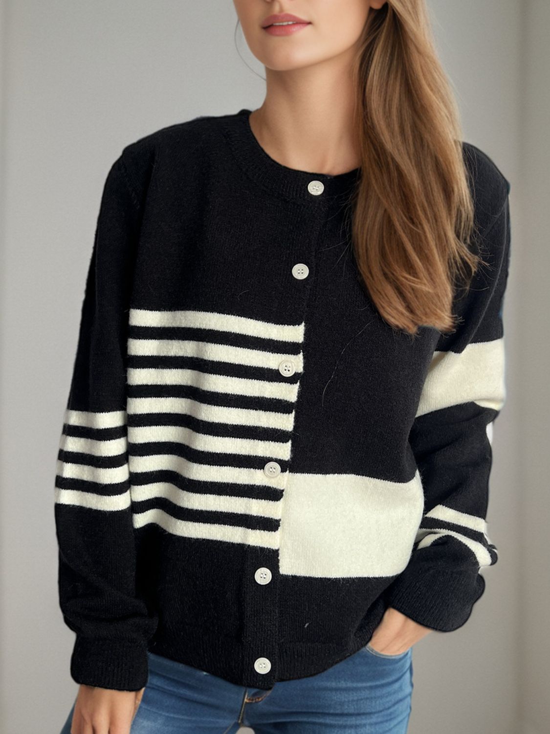 Striped Color Block Round Neck Cardigan