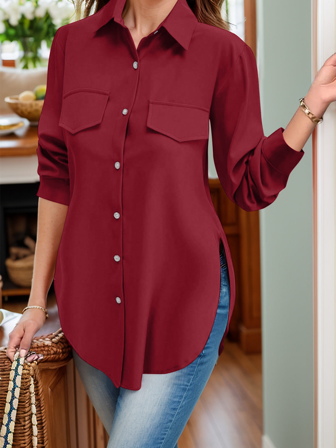 Full Size Side Slit Collared Neck Long Sleeve Shirt