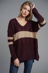 Slit Contrast V-Neck Long Sleeve Sweater