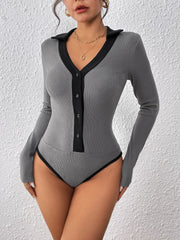 Perfee Contrast Trim Johnny Collar Long Sleeve Bodysuit