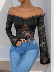 Perfee Lace Off-Shoulder Long Sleeve Bodysuit