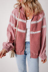 Lace Detail Zip Up Sherpa Patchwork Jacket