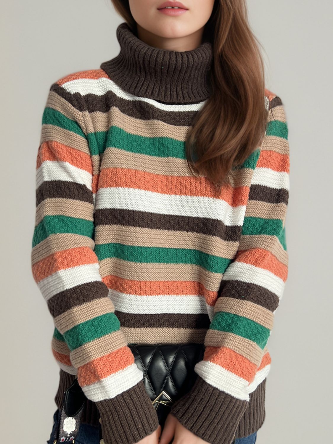 Contrast Stripes Turtleneck Long Sleeve Sweater