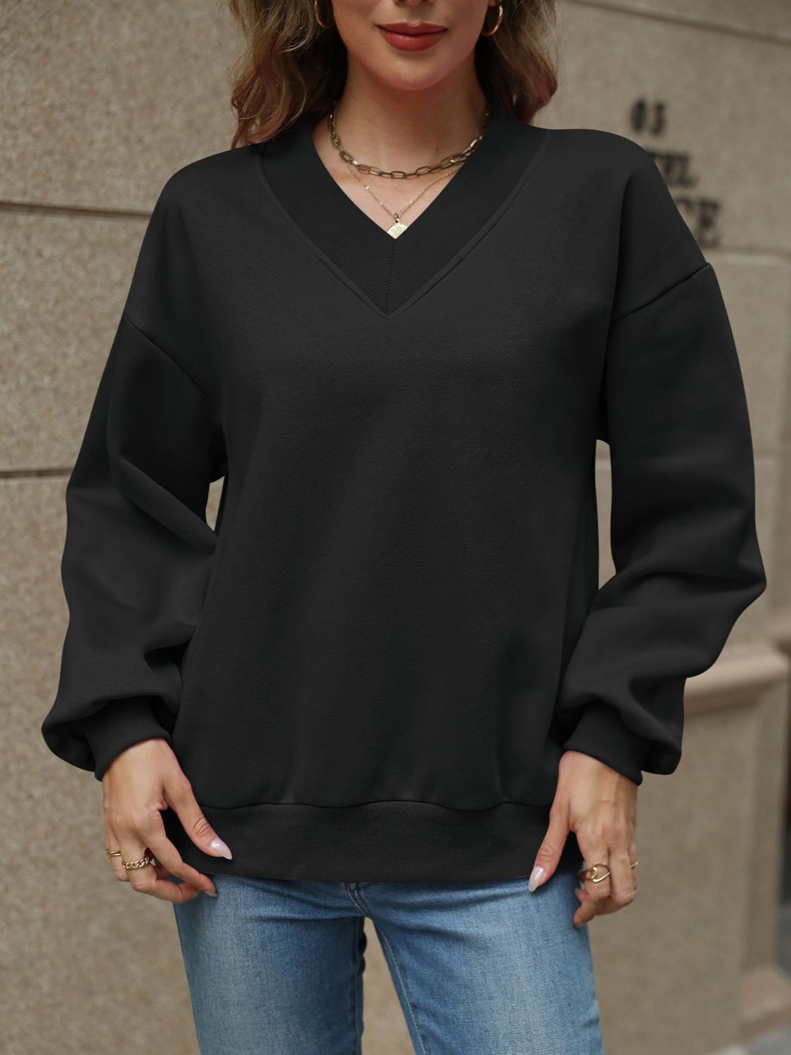 V-Neck Long Sleeve Dropped Shoulder Sweatshirt