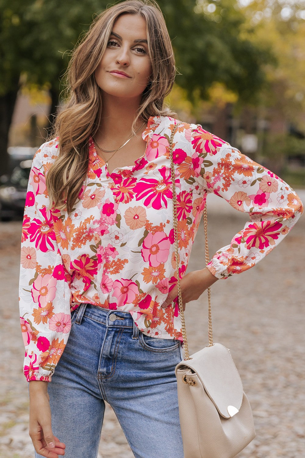 Floral V-Neck Frill Long Sleeve Blouse