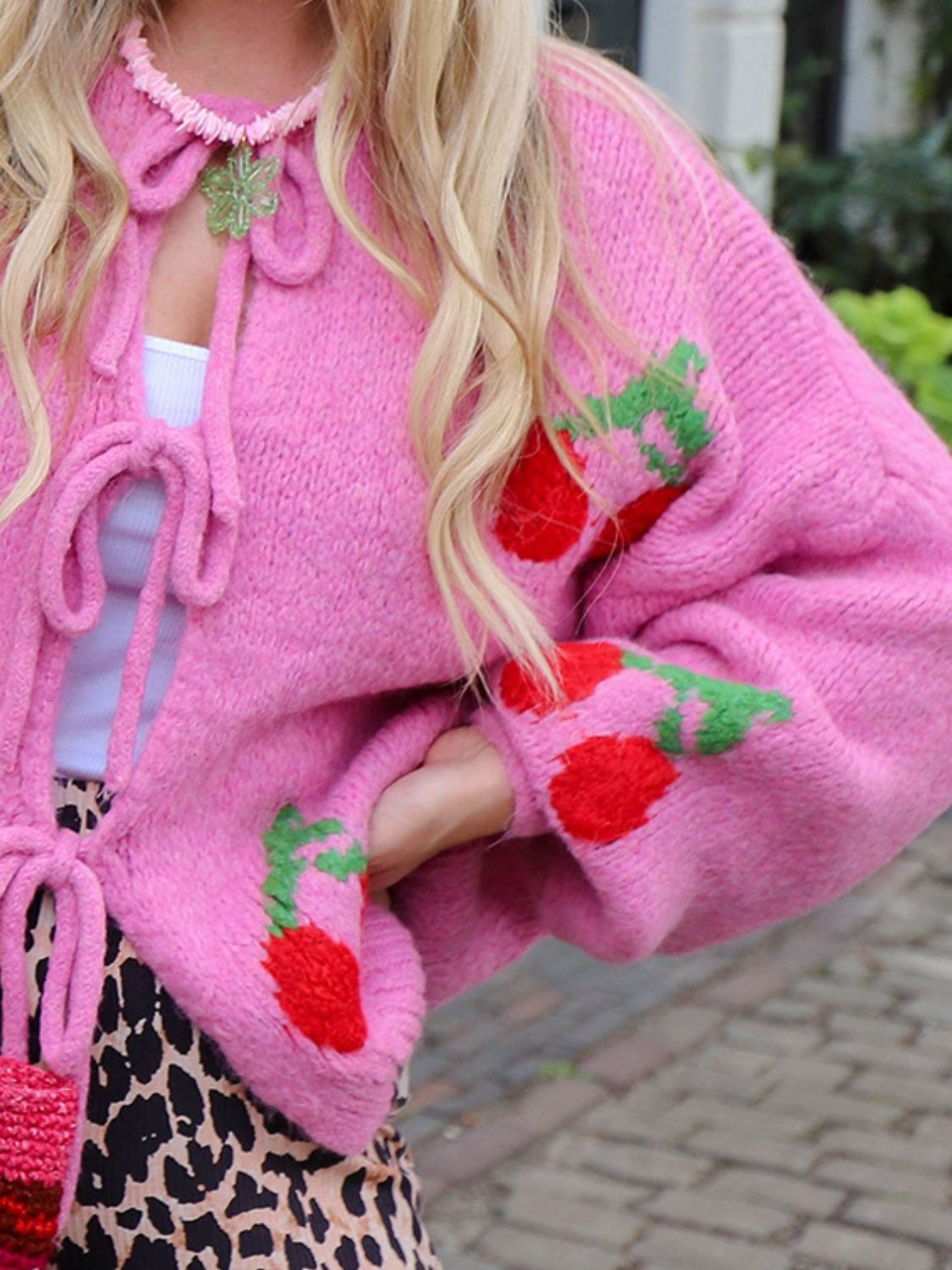 Tied Cherry Round Neck Long Sleeve Cardigan