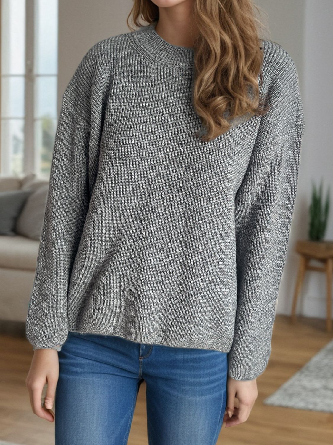 Solid Color Round Neck Long Sleeve Sweater